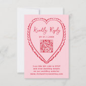 Whimsical Pink and Red Heart QR Code Wedding RSVP Karte (Vorderseite)