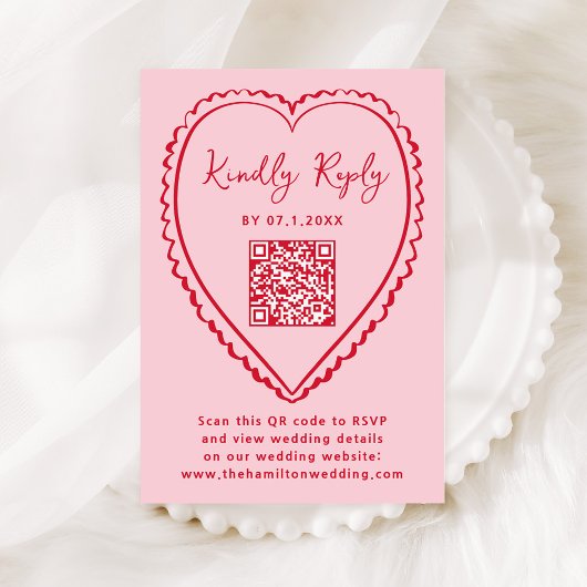 Whimsical Pink and Red Heart QR Code Wedding RSVP Karte