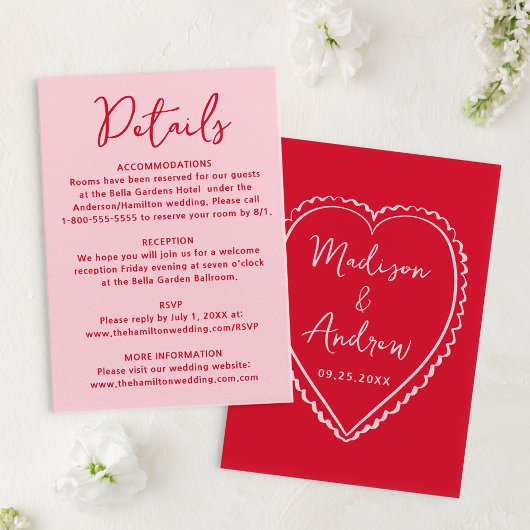 Whimsical Pink and Red Heart Wedding Details Begleitkarte