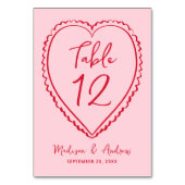 Whimsical Pink and Red Heart Wedding Tischnummer (Vorderseite)
