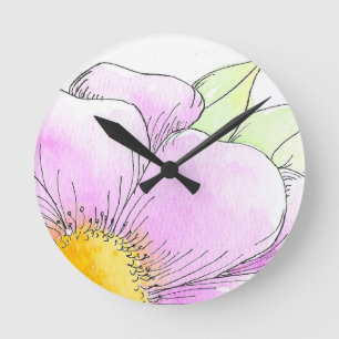 Whimsical Pink Aquarell-Blume Runde Wanduhr