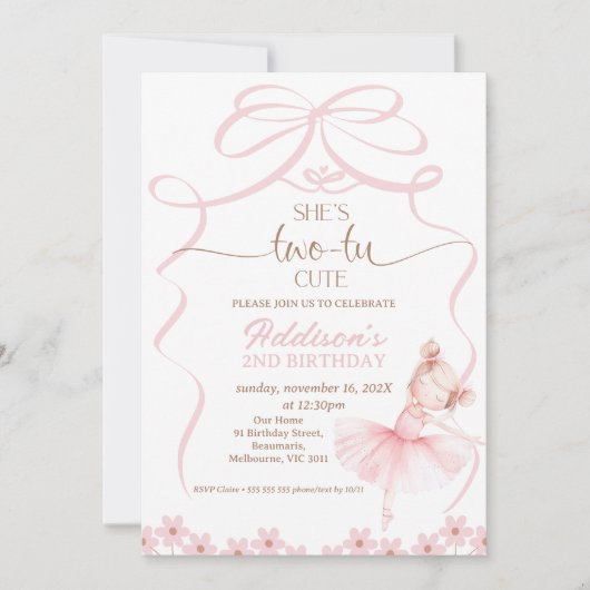 Whimsical Pink Ballerina Two Tu Niedlich 2. Geburt Einladung (Vorderseite)