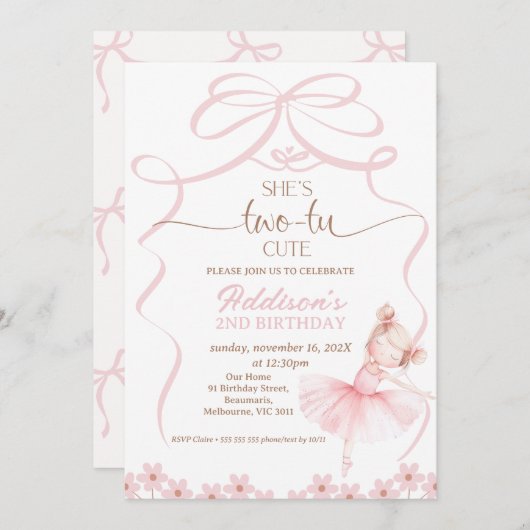 Whimsical Pink Ballerina Two Tu Niedlich 2. Geburt Einladung (Vorne/Hinten)