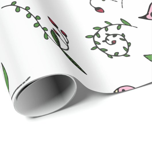Whimsical Pink Bird und Green Blätter Geschenkpapier (Rolleneckpunkt)