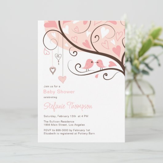 Whimsical Pink Birds Kinderdusche Einladung (Stehend Vorderseite)