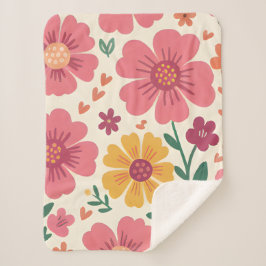 Whimsical Pink Bloom & Hearts Retro-Muster Sherpadecke