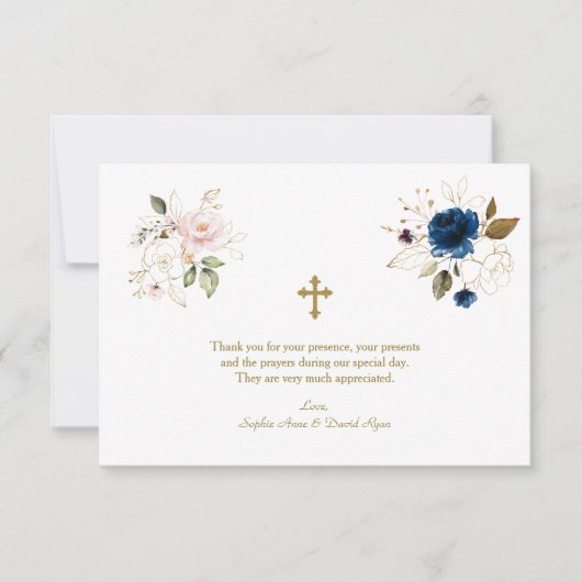 Whimsical Pink Blue Gold Blume Twins Taufe Dankeskarte (Vorderseite)