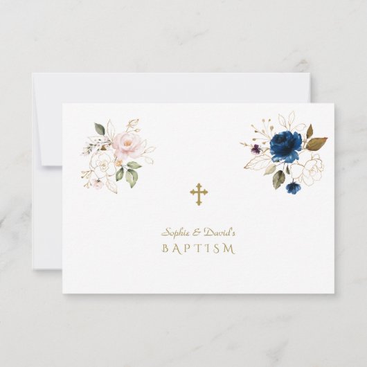 Whimsical Pink Blue Gold Blume Twins Taufe Dankeskarte (Rückseite)