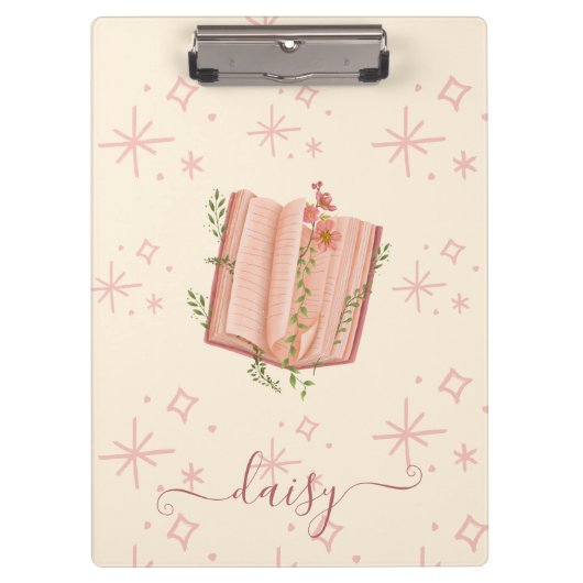 Whimsical Pink Book & Stars Personalized Klemmbrett (Vorderseite)
