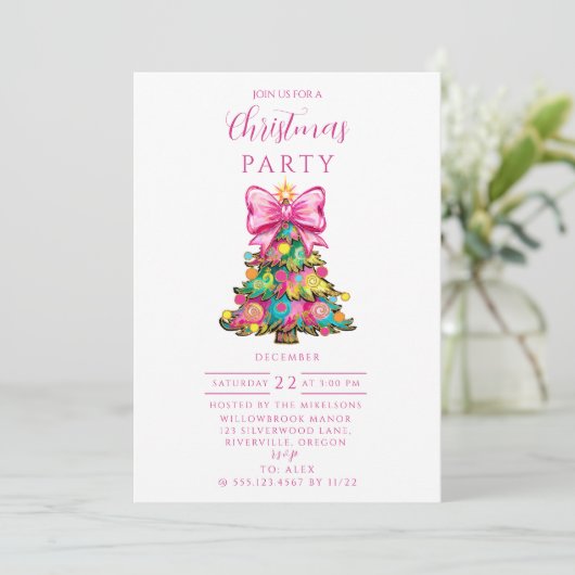 Whimsical Pink Bow Christmas Tree Einladung (Stehend Vorderseite)