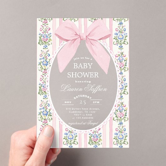 Whimsical Pink Bow Floral Baby Dusche Acryleinladungen (Insitu (Handheld))