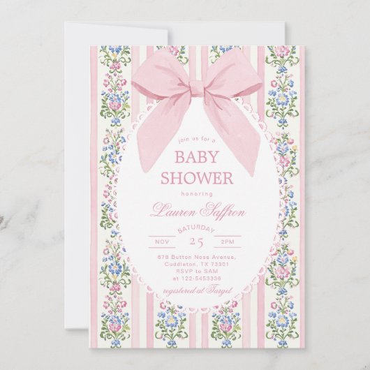 Whimsical Pink Bow Floral Baby Dusche Einladung (Vorderseite)