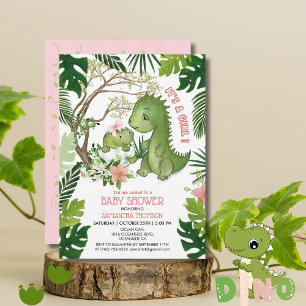 Whimsical Pink Bow Girl Dinosaur Babydusche Einladung
