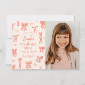 Whimsical Pink Bow Girl Foto Geburtstag Einladung (Vorderseite)