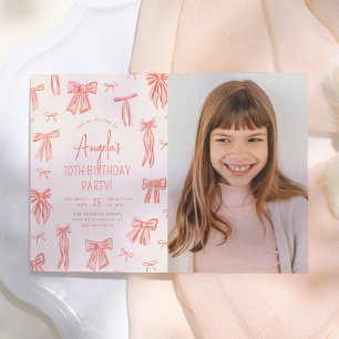 Whimsical Pink Bow Girl Foto Geburtstag Einladung