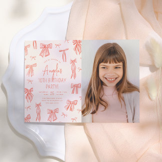 Whimsical Pink Bow Girl Foto Geburtstag Einladung