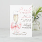 Whimsical Pink Bow Perlen & Prosecco Brautparty Einladung (Stehend Vorderseite)