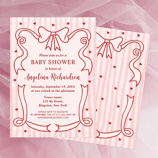 Whimsical Pink Bow Wavy Frame Girl Baby Shower Einladung