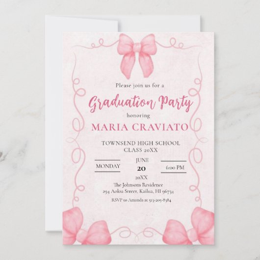 Whimsical Pink Bows Frame Graduation Party Invita Einladung (Vorderseite)