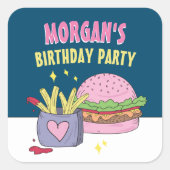 Whimsical Pink Burger and Fries Birthday Party Quadratischer Aufkleber (Vorderseite)