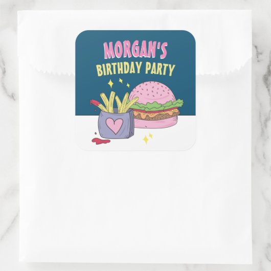 Whimsical Pink Burger and Fries Birthday Party Quadratischer Aufkleber (Tasche)