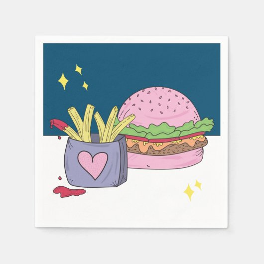 Whimsical Pink Burger and Fries Birthday Party Serviette (Vorderseite)
