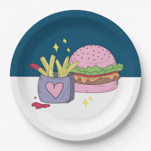 Whimsical Pink Burger und Pommes Frites Geburtstag Pappteller