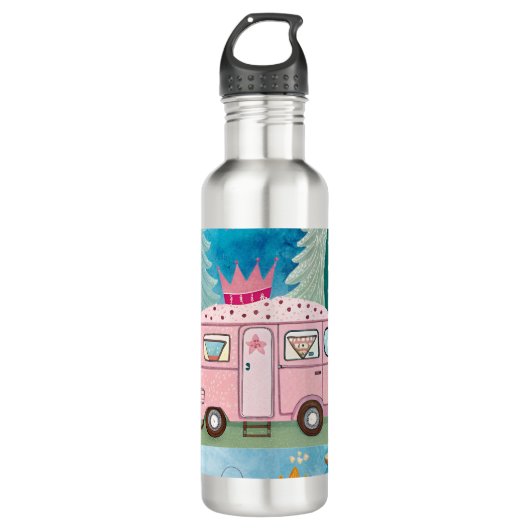 Whimsical Pink Camper Van Camping Scene Edelstahlflasche (Vorderseite)