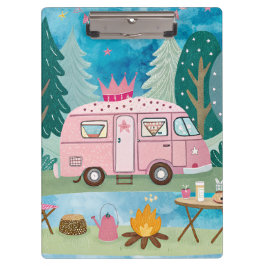 Whimsical Pink Camper Van Camping Scene Klemmbrett