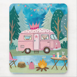 Whimsical Pink Camper Van Camping Scene Mousepad