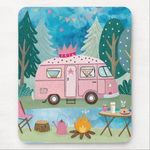 Whimsical Pink Camper Van Camping Scene Mousepad