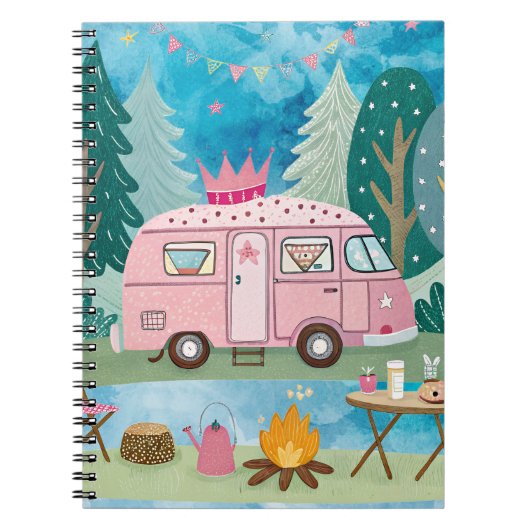 Whimsical Pink Camper Van Camping Scene Notizblock (Vorderseite)