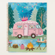 Whimsical Pink Camper Van Camping Scene
