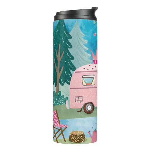Whimsical Pink Camper Van Camping Scene Thermosbecher (Nach links gedreht)