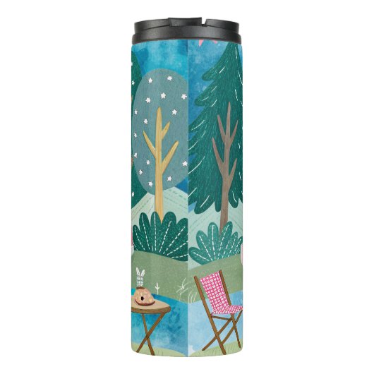 Whimsical Pink Camper Van Camping Scene Thermosbecher (Rückseite)