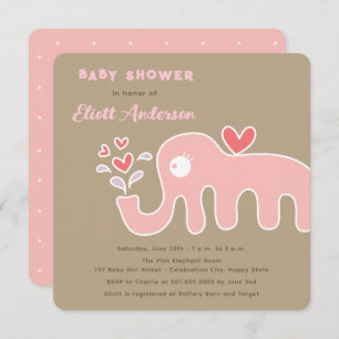 Whimsical Pink Cartoon Elephant Girl Baby Dusche Einladung