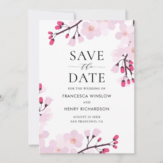 Whimsical Pink Cherry Blüten botanisch Save The Date (Vorderseite)