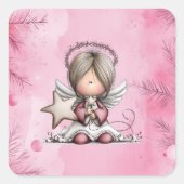 Whimsical Pink Christmas Angel Quadratischer Aufkleber (Vorderseite)