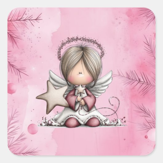 Whimsical Pink Christmas Angel Quadratischer Aufkleber (Vorderseite)