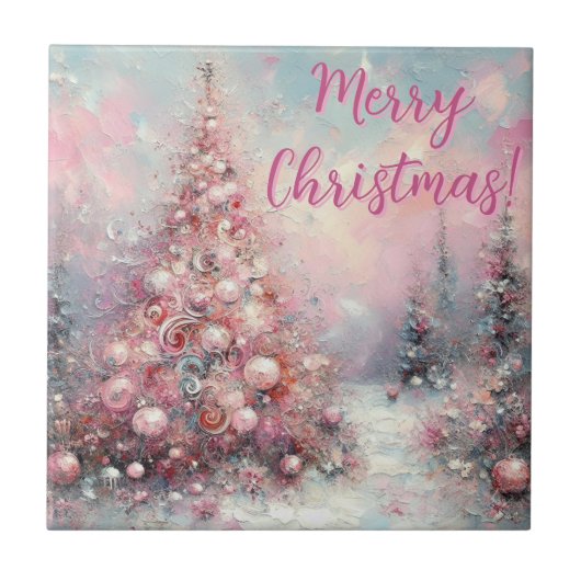 Whimsical Pink Christmas Tree Personalized Fliese (Vorderseite)