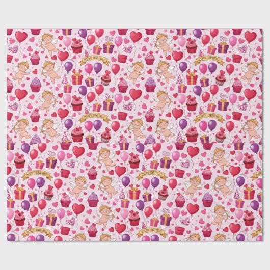 Whimsical Pink Cupid Birthday Balloon Pattern Geschenkpapier (Flach)
