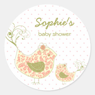 Whimsical Pink Damask Mommy Bird Girl Baby Dusche Runder Aufkleber