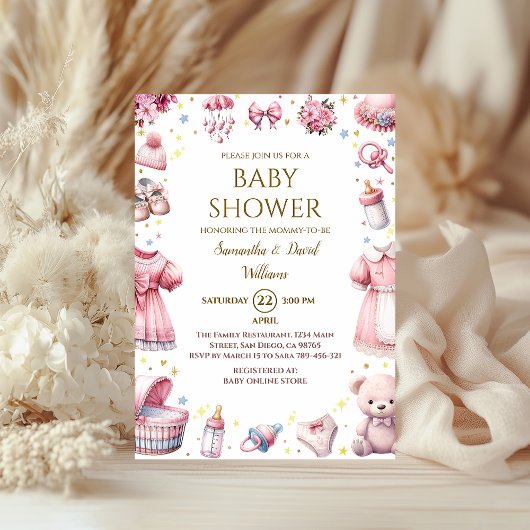 Whimsical Pink Elegant Baby Shower Floral Girl Einladung