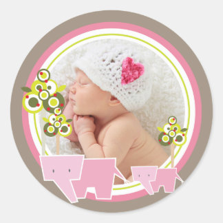 Whimsical Pink Elephants Family Baby Girl Foto Runder Aufkleber
