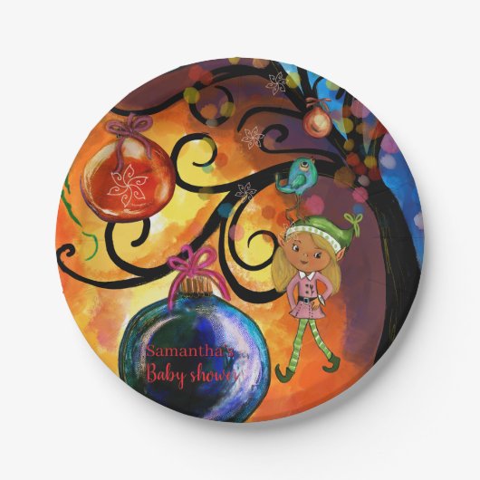 Whimsical Pink Elf & Weihnachtsbaum-Baby-Party Pappteller (Vorderseite)