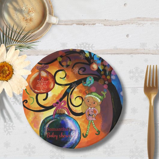 Whimsical Pink Elf & Weihnachtsbaum-Baby-Party Pappteller