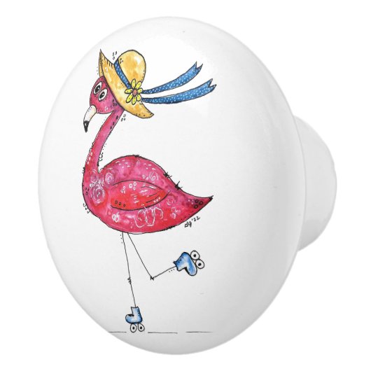 Whimsical Pink Flamingo auf Skaten Keramikknauf (Rechts)
