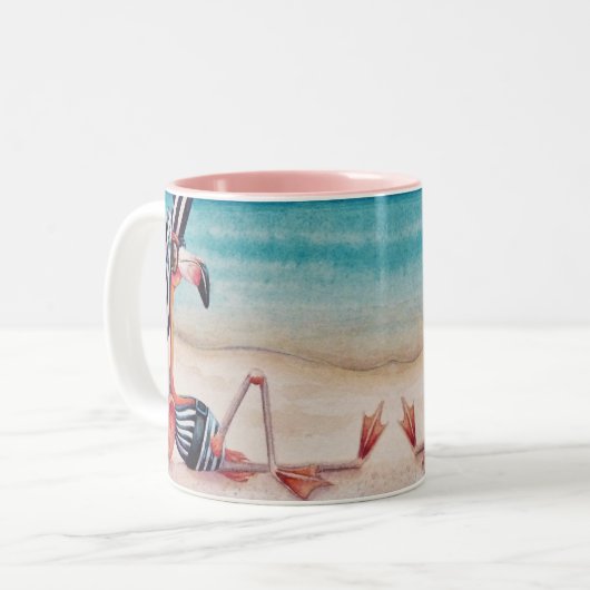 Whimsical Pink Flamingo No. 1 Wasserfarbe Kunst Zweifarbige Tasse (Vorderseite Links)