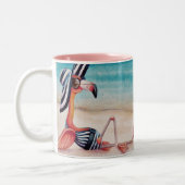 Whimsical Pink Flamingo No. 1 Wasserfarbe Kunst Zweifarbige Tasse (Links)