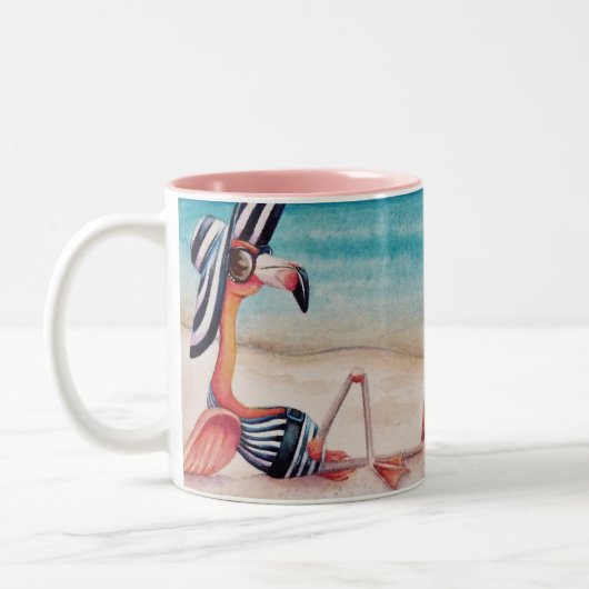 Whimsical Pink Flamingo No. 1 Wasserfarbe Kunst Zweifarbige Tasse (Links)